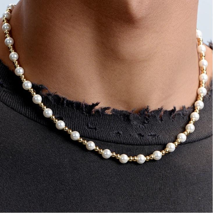 Gold-Plated Brass and Pearl Beaded Necklace — second layered-necklace worn view
