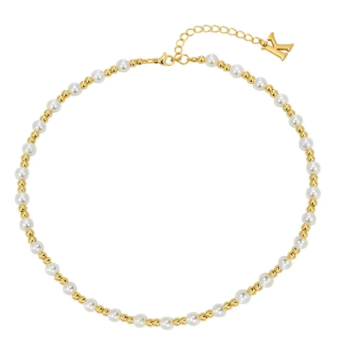 Gold-Plated Brass and Pearl Beaded Necklace — alternate isolated full necklace view