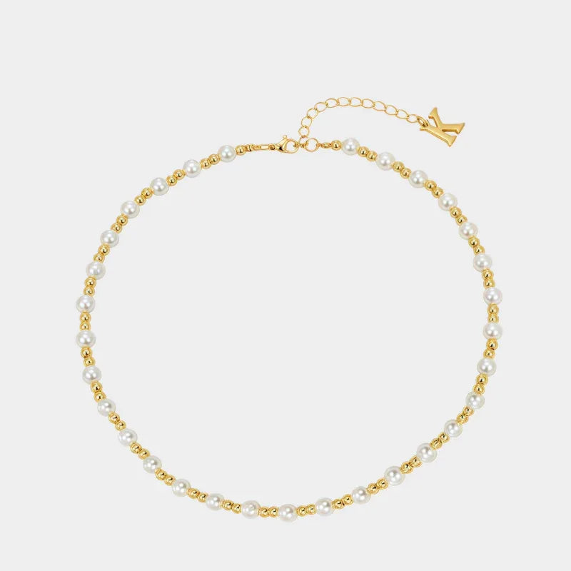 Gold-Plated Brass and Pearl Beaded Necklace — front view of gold-tone pearl beaded necklace