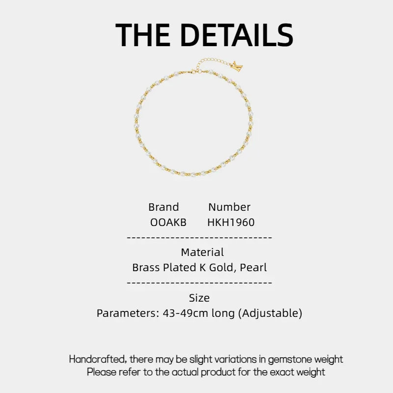 Gold-Plated Brass and Pearl Beaded Necklace — specification card with material and size details