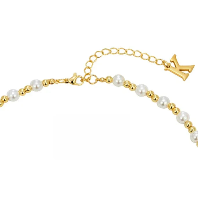 Gold-Plated Brass and Pearl Beaded Necklace — clasp and extension-chain close-up