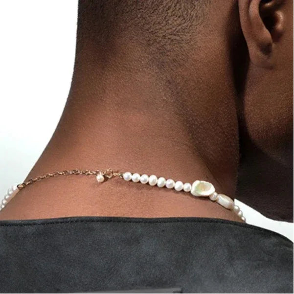 14K Gold-Filled Baroque Pearl Necklace — rear-neck worn view showing the clasp and extension chain