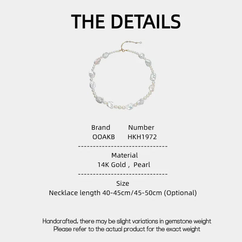 14K Gold-Filled Baroque Pearl Necklace — specification card with material and size details