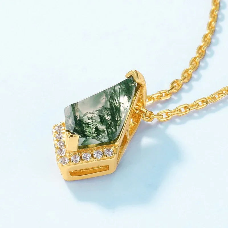Gold-Tone Kite Moss Agate Pendant Necklace — angled pendant and chain detail 4