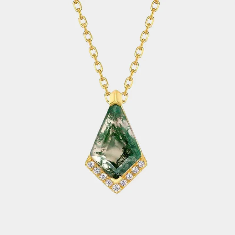Gold-Tone Kite Moss Agate Pendant Necklace — full necklace view on a light background