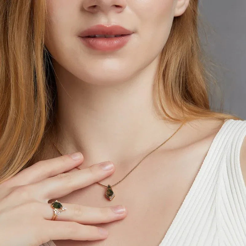 Gold-Tone Kite Moss Agate Pendant Necklace — neckline scale view 2