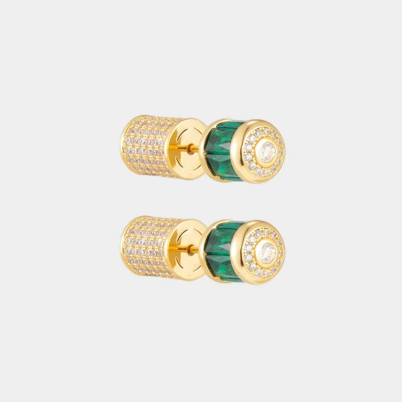 Gold-Tone Two-Tone Emerald Cylindrical Stud Earrings paired product view on a white background