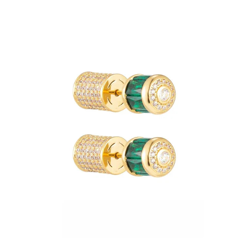 Gold-Tone Two-Tone Emerald Cylindrical Stud Earrings paired product view on a dark background