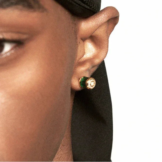 Gold-Tone Two-Tone Emerald Cylindrical Stud Earrings styled ear view showing scale