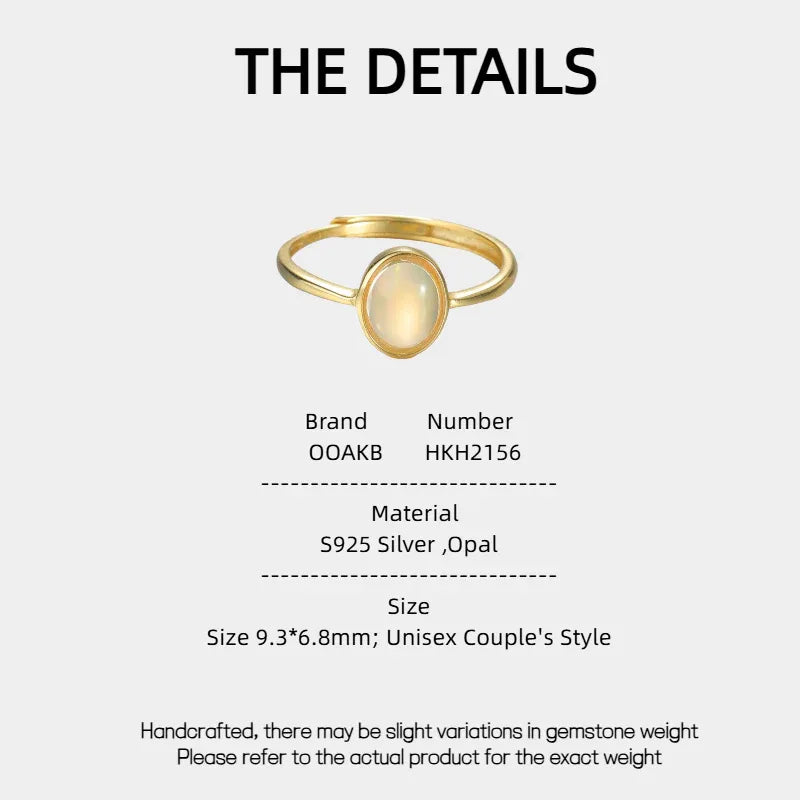 Golden Opal Oval Adjustable Ring specification card with material and size details