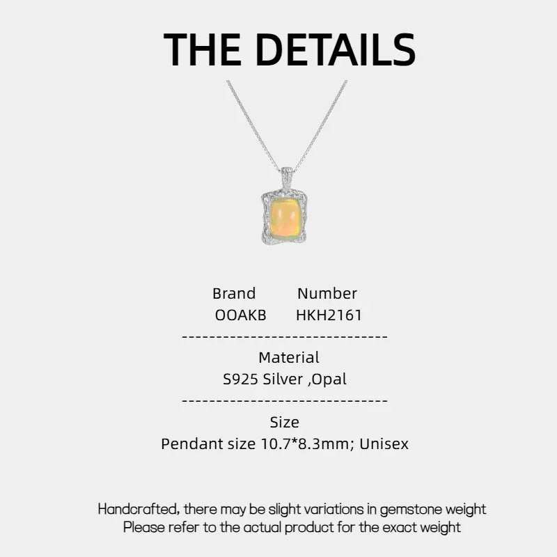 Golden Opal Rectangular Pendant Necklace specification card with material and size details