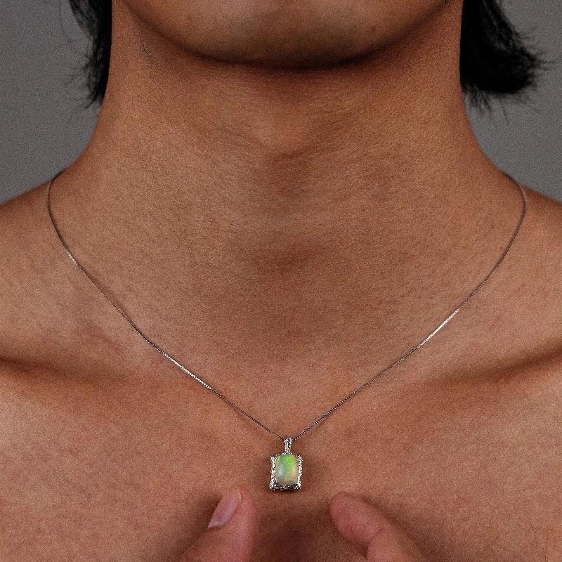 Golden Opal Rectangular Pendant Necklace worn at the neckline