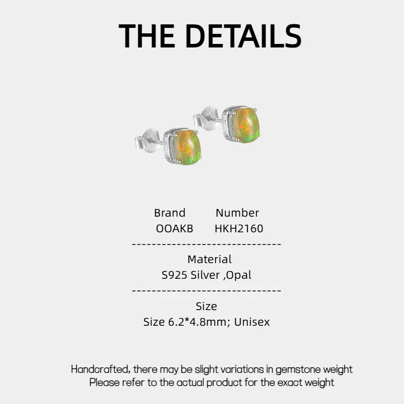 Golden Opal Square Stud Earrings specification card with material and size details