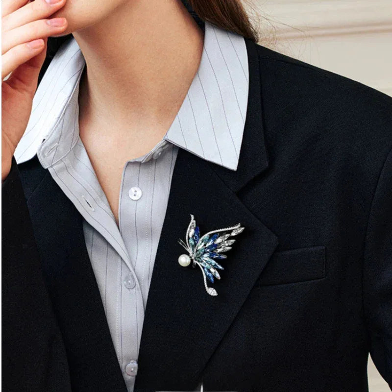 Gradient Blue Butterfly Pearl Brooch with Cubic Zirconia — alternate blazer-worn portrait showing scale