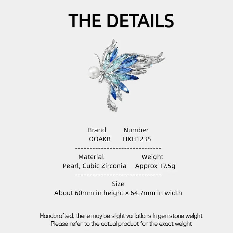 Gradient Blue Butterfly Pearl Brooch with Cubic Zirconia — specification card with material and size details