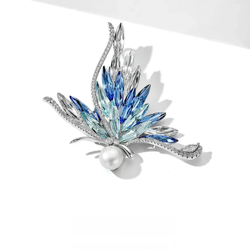 Gradient Blue Butterfly Pearl Brooch with Cubic Zirconia — angled product view on white