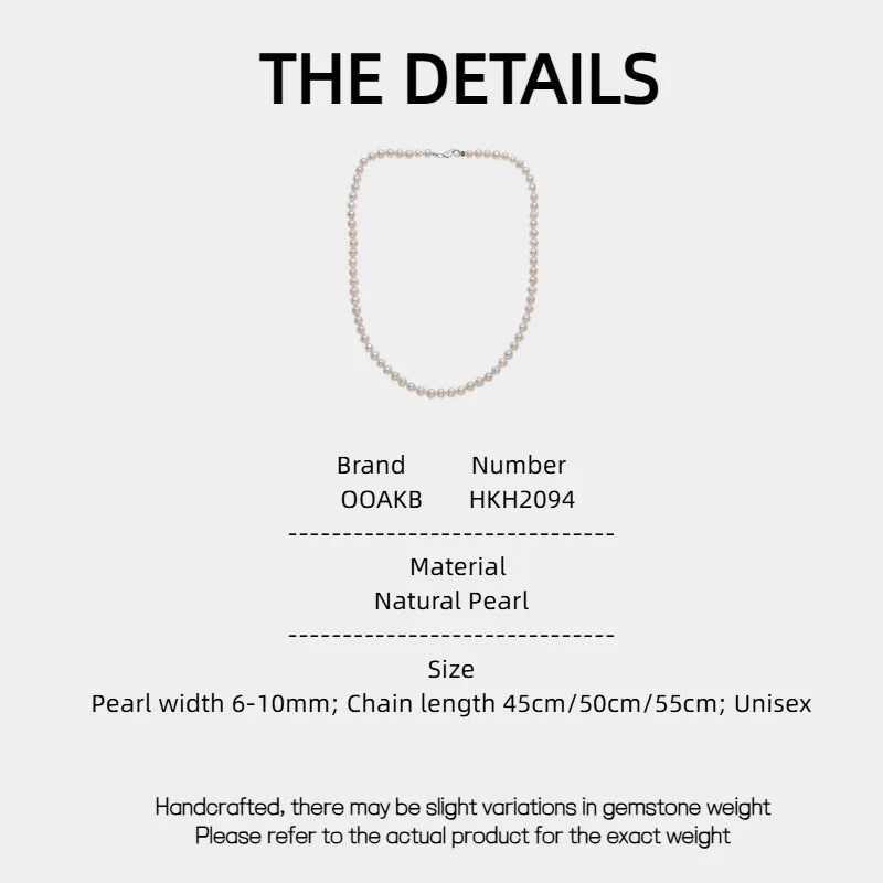 Classic Pearl Strand Necklace — specification card with material and size details