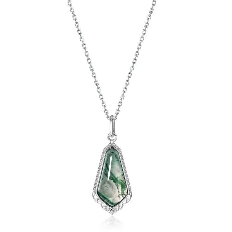 Elongated Teardrop Moss Agate Pendant Necklace — alternate full necklace view