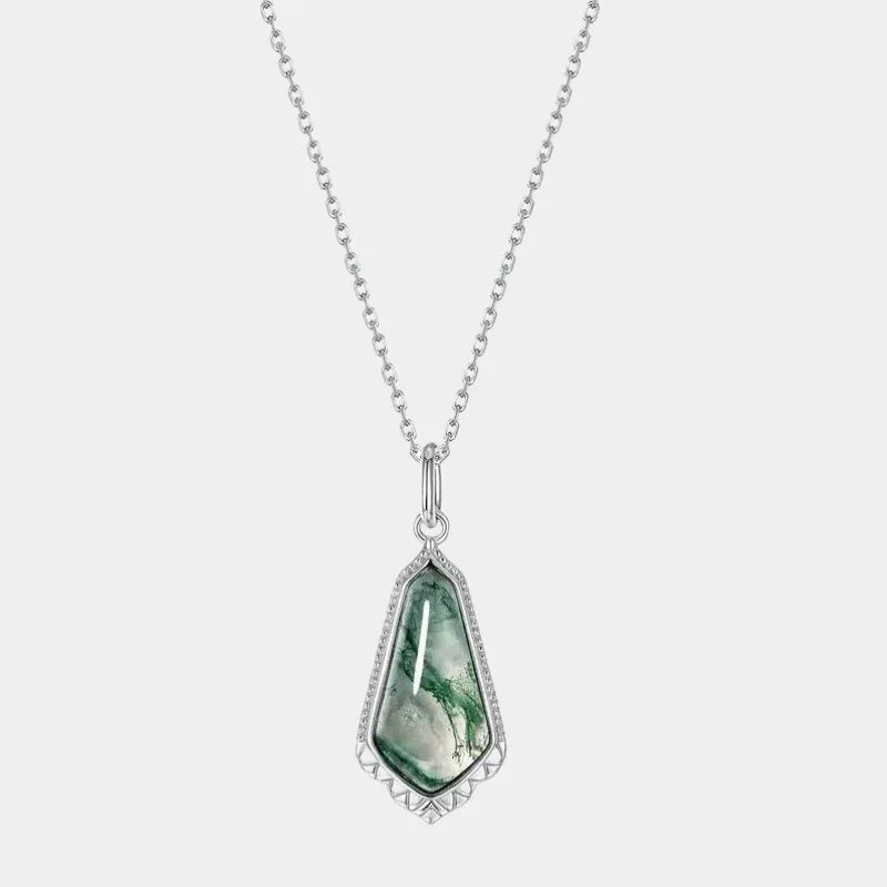 Elongated Teardrop Moss Agate Pendant Necklace — full necklace on white background