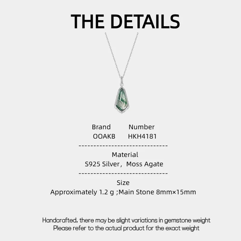 Elongated Teardrop Moss Agate Pendant Necklace — product specification card