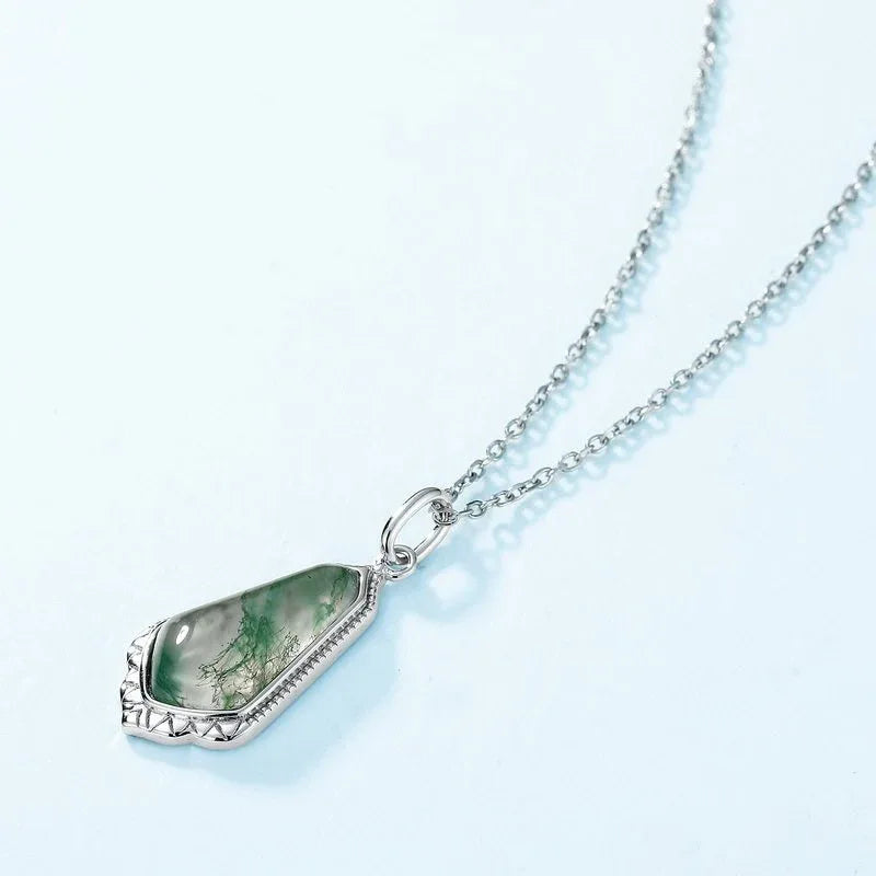 Elongated Teardrop Moss Agate Pendant Necklace — front pendant close-up