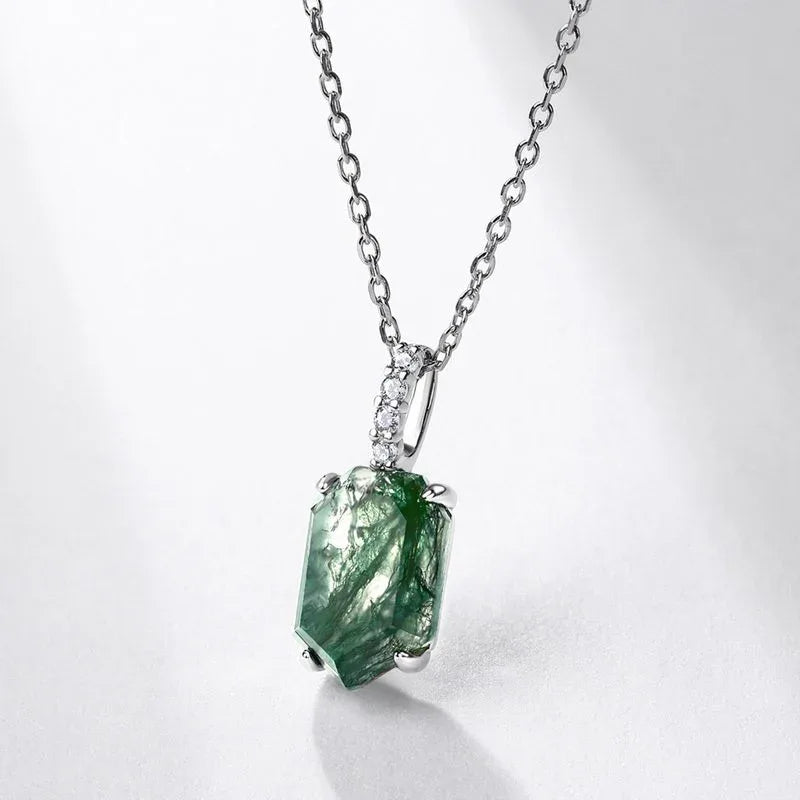 Green Moss Agate Geometric Pendant — angled pendant and chain detail 4