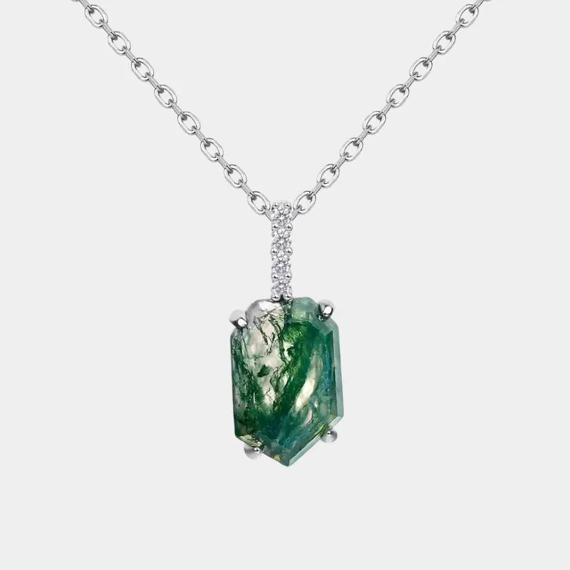 Green Moss Agate Geometric Pendant — full necklace view on a light background