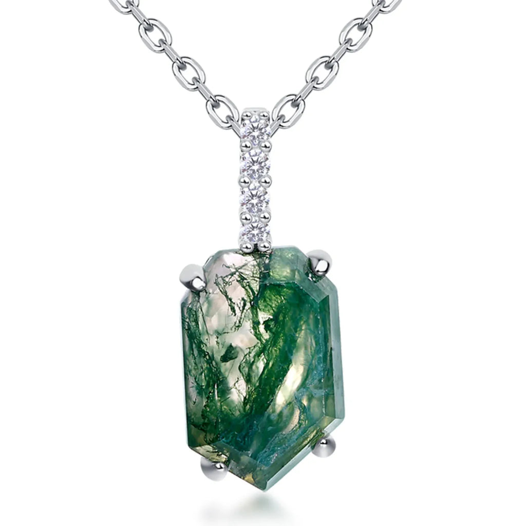 Green Moss Agate Geometric Pendant — neckline scale view 2