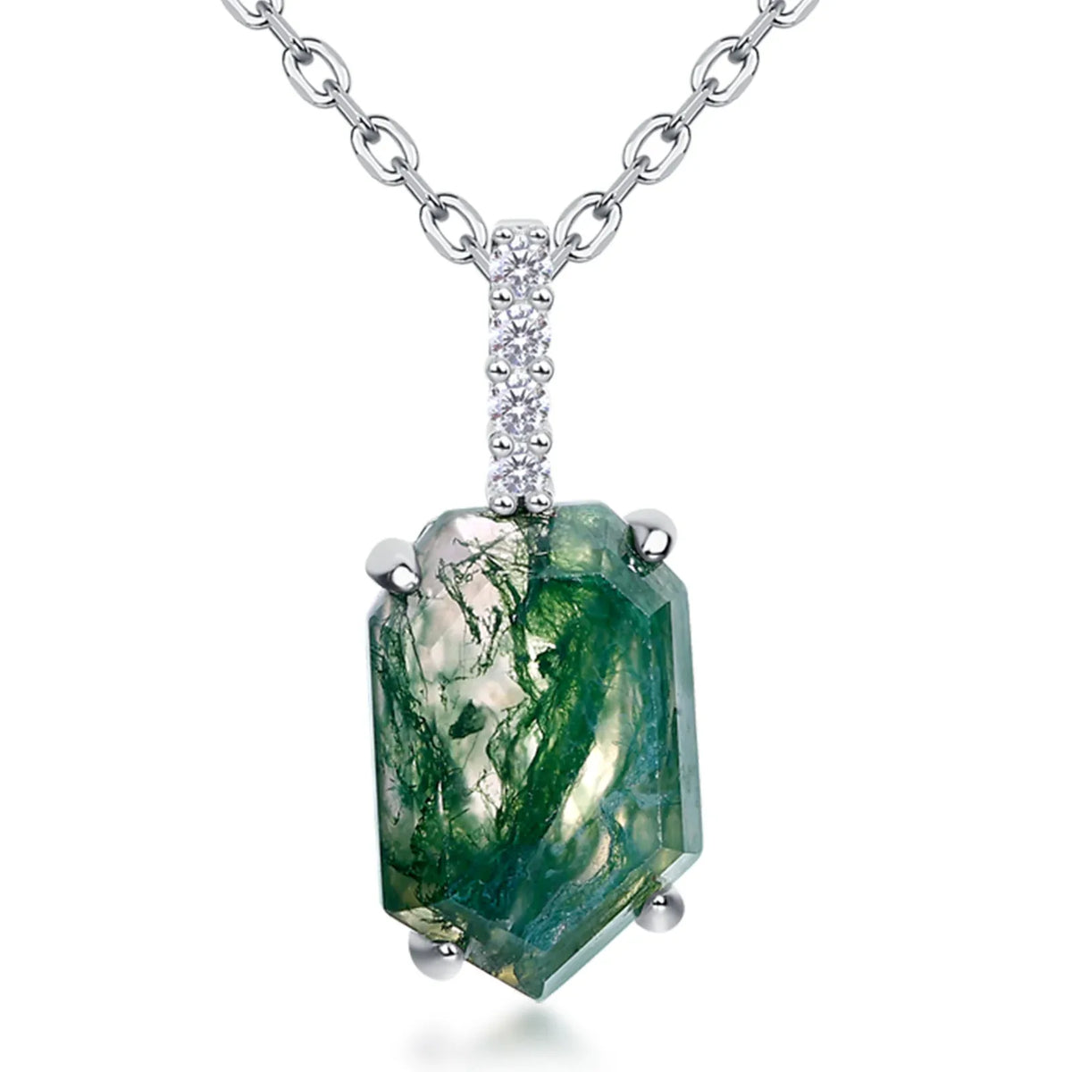 Green Moss Agate Geometric Pendant — neckline scale view 2