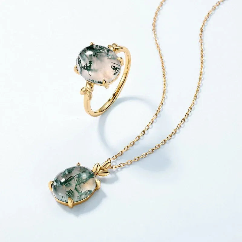Oval Moss Agate Tulip Bail Pendant Necklace — side and rear pendant view