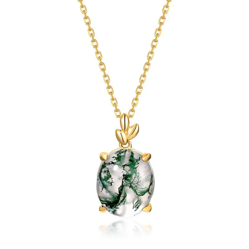Oval Moss Agate Tulip Bail Pendant Necklace — alternate full necklace view