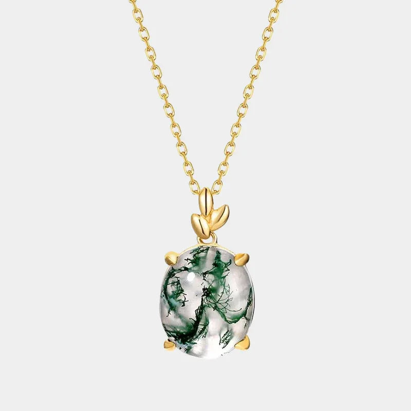 Oval Moss Agate Tulip Bail Pendant Necklace — full gold-tone necklace front view