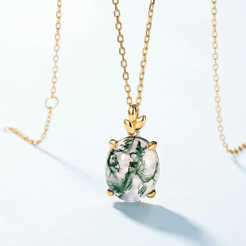 Oval Moss Agate Tulip Bail Pendant Necklace — angled necklace arrangement
