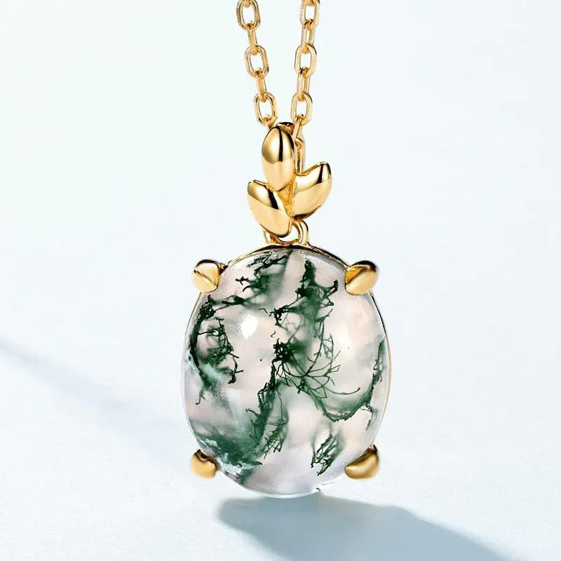 Oval Moss Agate Tulip Bail Pendant Necklace — oval center and tulip-shaped bail close-up