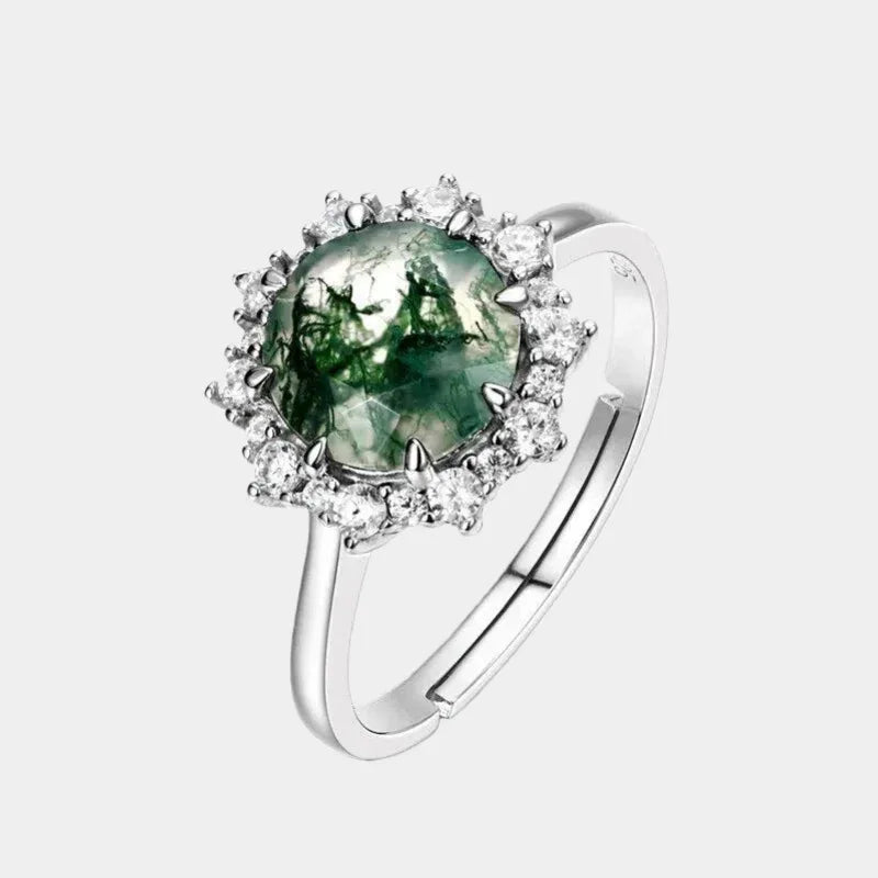Green Moss Agate Ring Unisex — front product view on a light background
