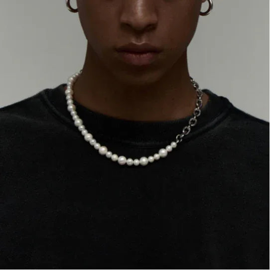 Pearl and Steel Chain Half-and-Half Necklace — front neckline-worn view over a black top