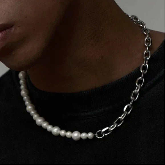 Pearl and Steel Chain Half-and-Half Necklace — close neckline-worn side view emphasizing the steel chain half