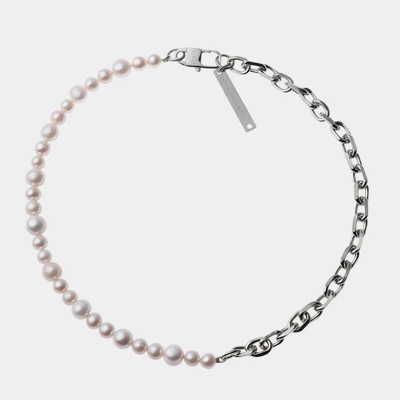 Pearl and Steel Chain Half-and-Half Necklace — front view of half-pearl half-steel-chain necklace