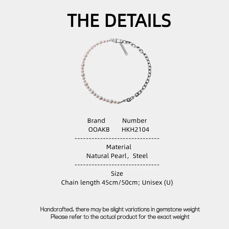 Pearl and Steel Chain Half-and-Half Necklace — specification card with material and size details