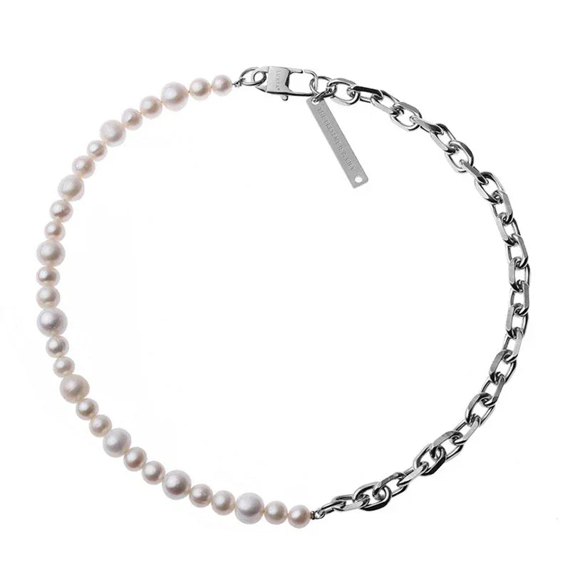 Pearl and Steel Chain Half-and-Half Necklace — alternate isolated view showing the clasp orientation