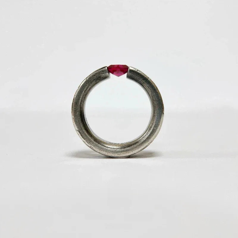Hammered Silver-Tone Ruby Open Ring — angled ring view 7