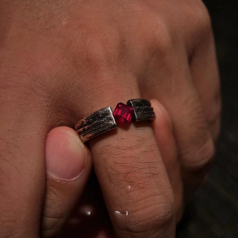 Hammered Silver-Tone Ruby Open Ring — ring worn on hand
