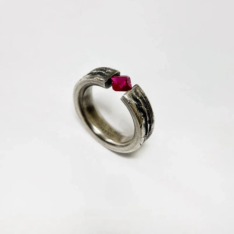Hammered Silver-Tone Ruby Open Ring — ring worn on hand 8