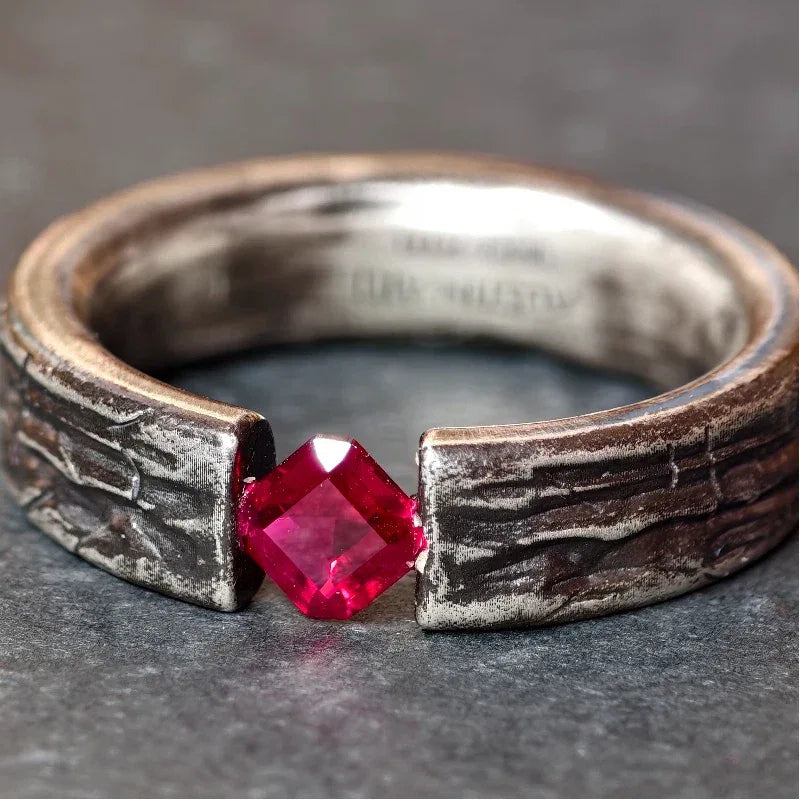 Hammered Silver-Tone Ruby Open Ring — side profile of ring