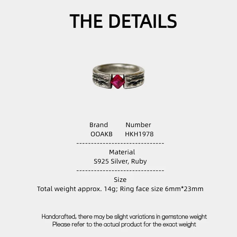 Hammered Silver-Tone Ruby Open Ring — specification card with material and size details