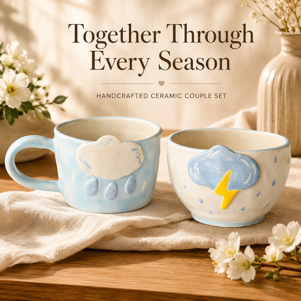 Handcrafted Ceramic Cloud Mug & Thundercloud Bowl, product overview