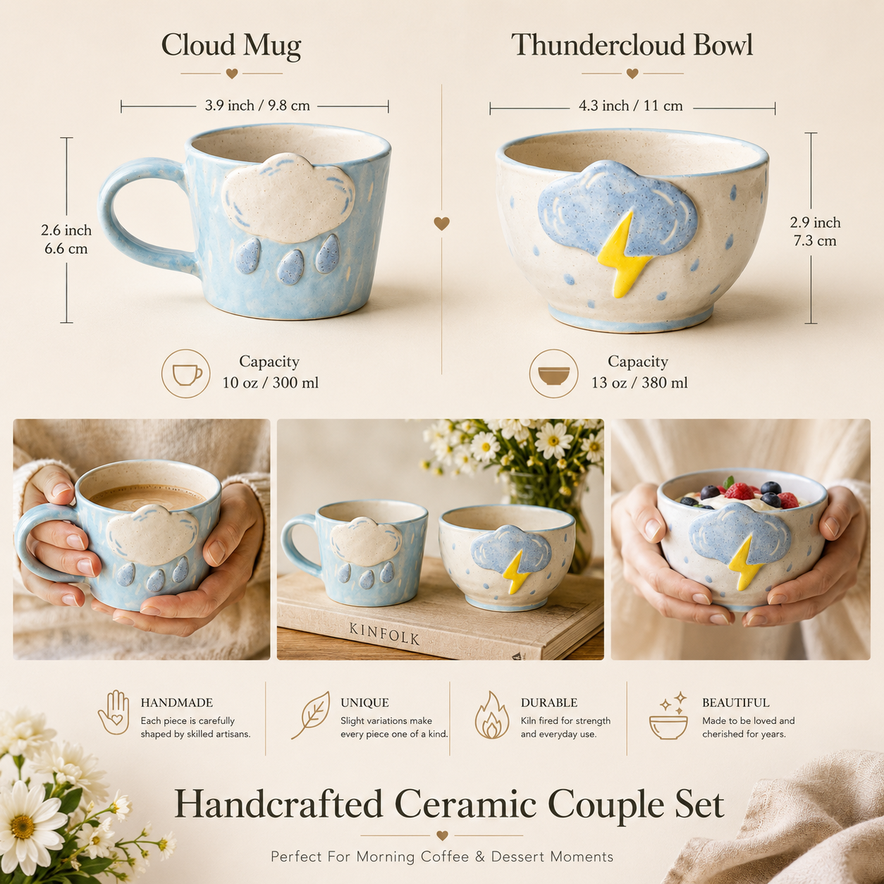 Handcrafted Ceramic Cloud Mug & Thundercloud Bowl, close-up detail
