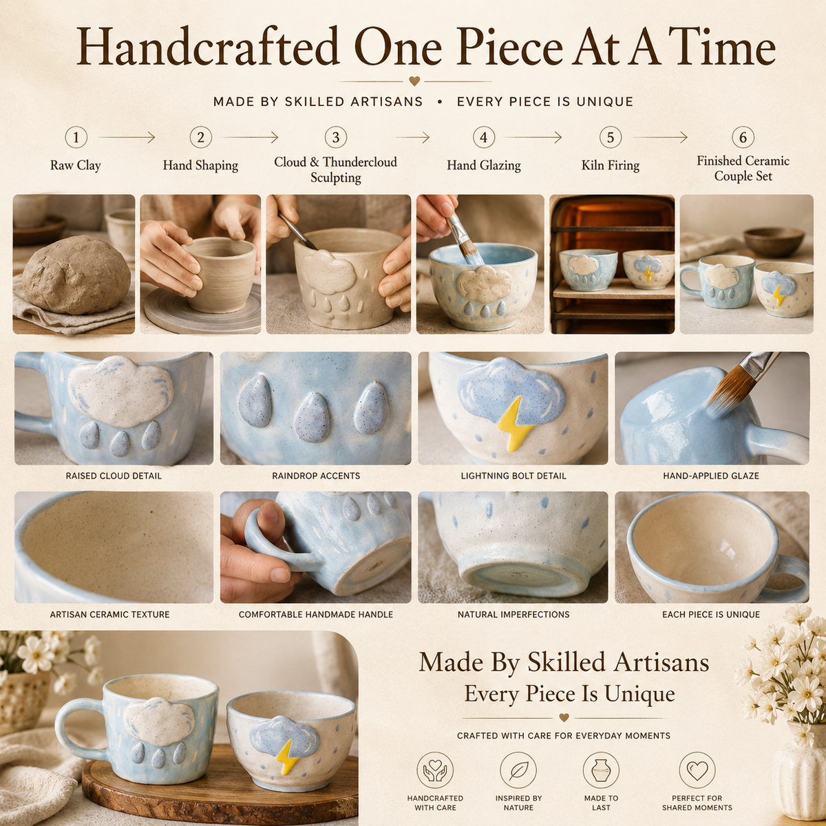 Handcrafted Ceramic Cloud Mug & Thundercloud Bowl, size and feature guide