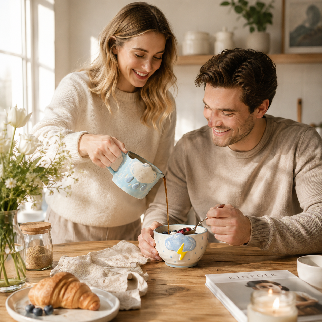 Handcrafted Ceramic Cloud Mug & Thundercloud Bowl, lifestyle view