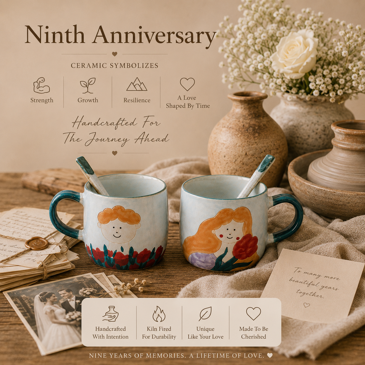 Handcrafted Ceramic Couple Mug Set, close-up detail